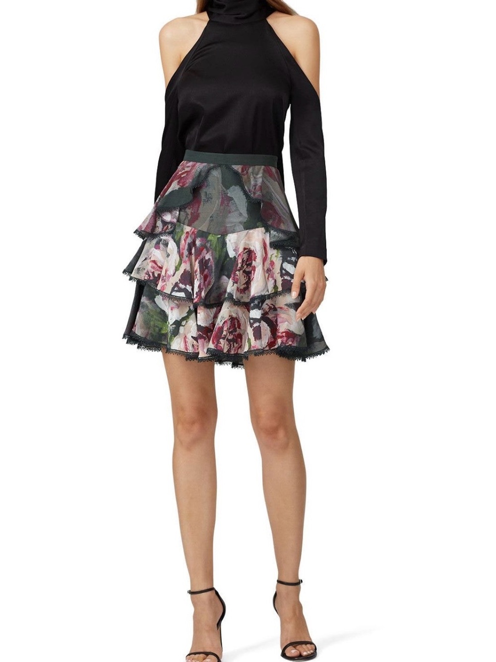 Marchesa Notte~Green Tiered Floral Tiered Ruffle Mini Skirt~Size 12~$250~